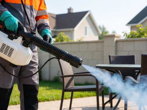 A professional pest control technician uses a specialized fogger to disinfect an outdoor patio area.