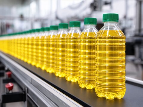 A long row of plastic bottles filled with golden cooking oil on a moving industrial conveyor belt.