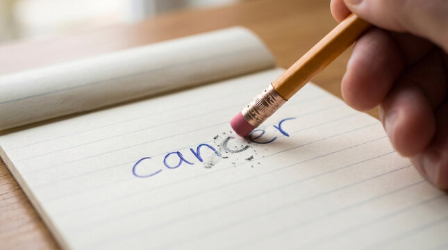 Hand erasing the word cancer from a notebook with a pencil eraser symbolizing hope and recovery
