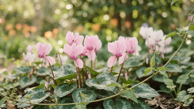 Sweet Pink Cyclamen Plants in Sunlit Garden Path