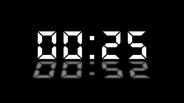 Digital countdown 30 seconds countdown animation .analog clock style on isolated black background. 30 to 0 second Time-lapse speed ,eve number counter. 4K footage motion graphic video rendering .
