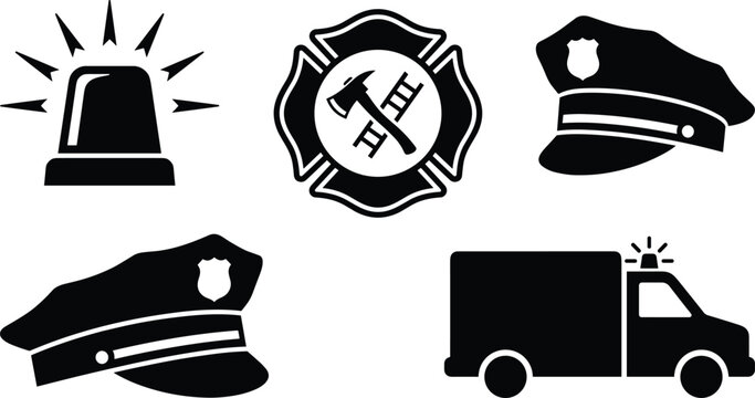 Emergency services silhouette icon collection featuring police hats flasher siren light firefighter cross emblem and ambulance truck vehicle vector