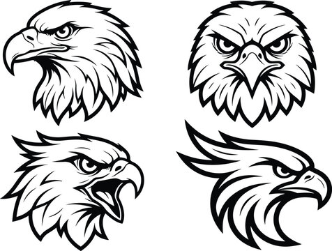 Fierce eagle head mascot vector set with aggressive predatory birds profiles for sports team emblem and gaming logo.