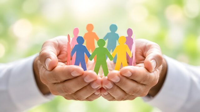 Man hands holding and protecting colorful paper cut-out people in a circle against a blurred nature background, symbolizing unity, social inclusion, diversity, community support, and teamwork.