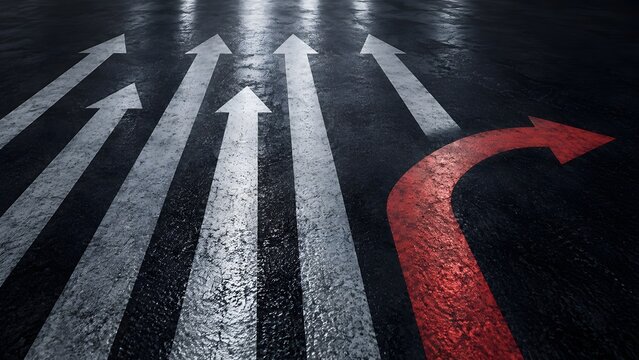 Conceptual Illustration of a Red Arrow Turning Right While White Arrows Point Forward on Dark Asphalt Representing Leadership, Strategy, Decision Making, and Alternative Business Paths