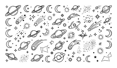 Celestial planets stars and comets simple line art vector icon set © Md Monirul