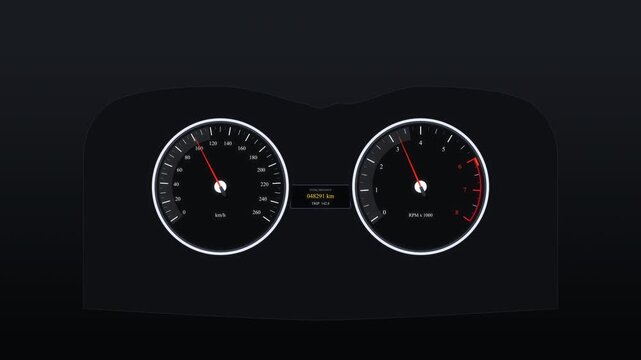 Pixel art car dashboard speedometer and tachometer loop animation showing speed and revs acceleration