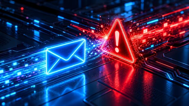 Glowing digital envelope intercepting a red warning sign representing cybersecurity threats and phishing email alerts on a futuristic circuit background