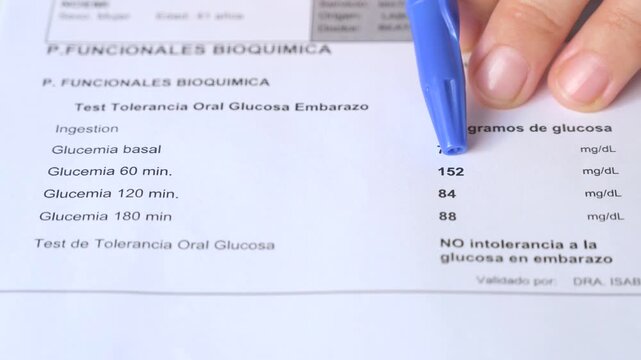 Woman reading the negative results of an oral glucose tolerance test during pregnancy