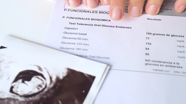 Woman pointing at an oral glucose tolerance test with an ultrasound scan on a white background