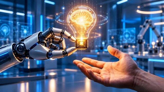 Robotic and human hands holding a glowing microchip projecting a digital brain lightbulb in a high tech laboratory