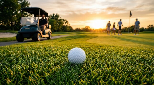 Golf ball on a manicured green with a golf cart and players silhouetted by a glowing sunset on the fairway.