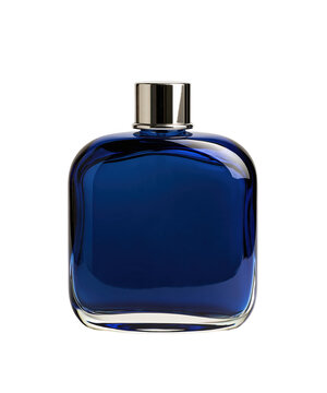 Luxury blue glass perfume bottle with silver cap isolated on transparent background