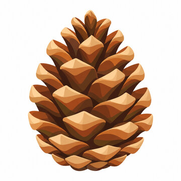 A detailed brown pine cone featuring layered scales and warm wooden tones is depicted in a clean vector-style illustration isolated on a white background. Its classic conical shape and natural texture