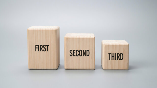 Three wooden blocks of decreasing height labeled first second and third on a gray surface with against gray background arranged height words printed faces with alignment