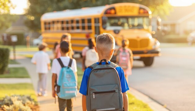 Children with backpacks walk toward a yellow school bus on a sunny suburban morning as others board for the school commute.