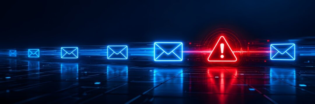 Red malicious phishing email warning intercepted within glowing blue digital communication stream