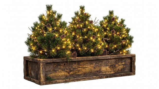 Three small pine trees decorated with pine cones and fairy lights in a wooden planter
