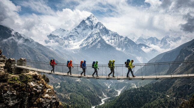A group of colorfully clad hikers crosses a narrow suspension bridge high in snow-capped mountains, with dramatic peaks and a deep valley below.
