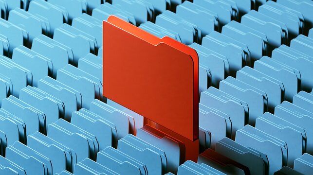 Single bright red file folder standing out among a large group of identical light blue hanging folders in a filing cabinet drawer