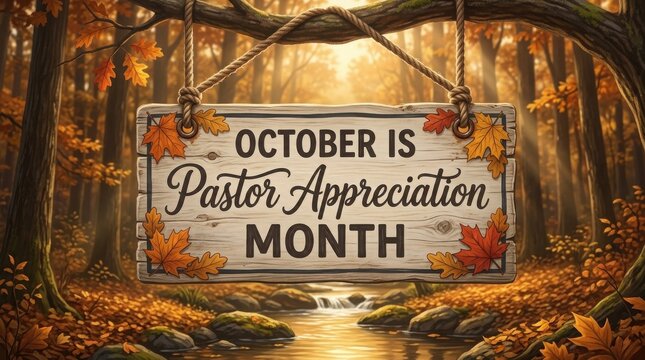 October is pastor appreciation month sign hanging in a beautiful autumn forest landscape