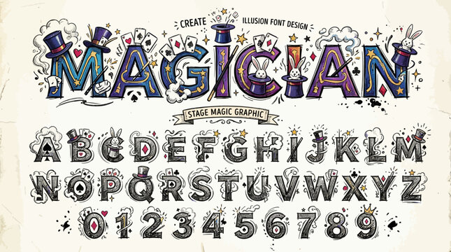 Magician illusion font design with hand-drawn alphabet letters, numbers, and magic stage graphics including top hat and rabbit