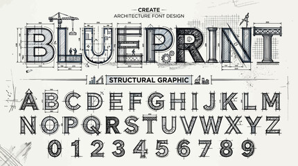 Complete blueprint alphabet typography design with architectural drawings, structural grids, and engineering font elements for creative construction engineering graphics © Contributor