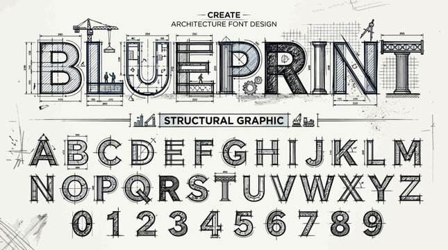 Complete blueprint alphabet typography design with architectural drawings, structural grids, and engineering font elements for creative construction engineering graphics