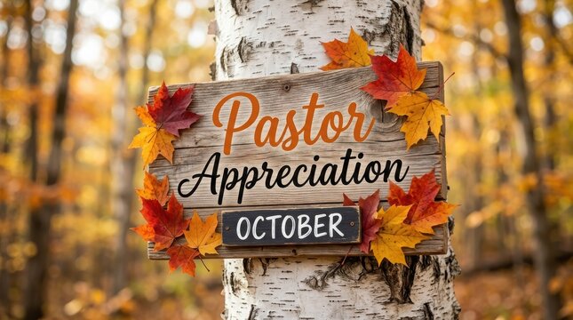 Pastor appreciation month sign on a birch tree with autumn maple leaves in a forest