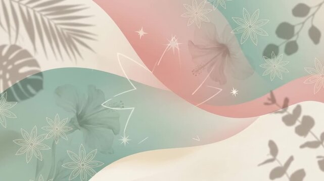 Landscape of Soft Waves and Floral Patterns in Light Pastel Colors Falling Silky Shapes