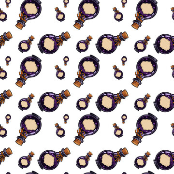 Seamless Pattern of Magic Potion Bottles with Purple Liquid