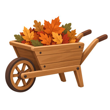 Wooden wheelbarrow filled with colorful autumn leaves vector illustration isolated on white background