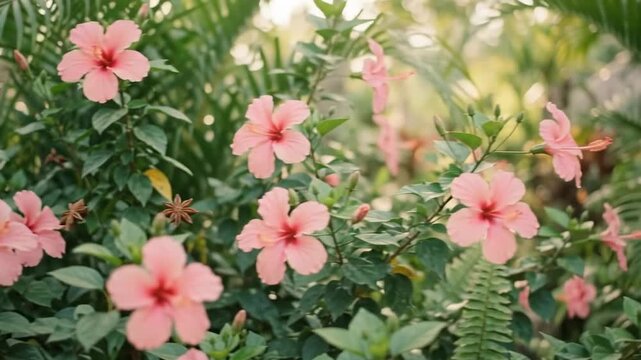 Flowering Garden Scene Blooming Pink Hibiscus In Bright Morning Light