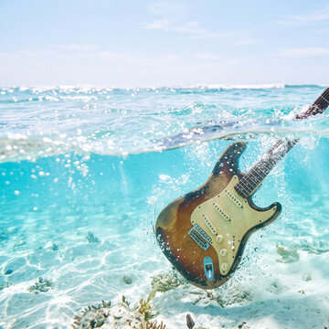 Vintage style electric guitar drowning in the sea