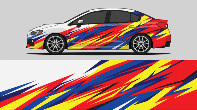 Car Wrap Design with Dynamic Racing Livery in Red Yellow and Blue