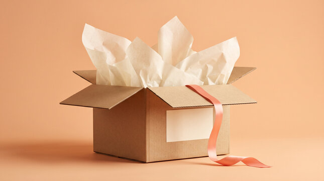 Open cardboard package box with tissue paper and ribbon, gift delivery box mockup for e-commerce, unboxing present packaging