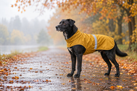 Schwarzer Hund im gelben Regenmantel auf einem Herbstweg