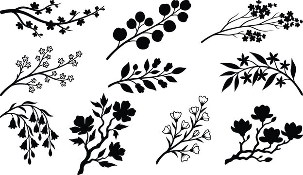 Set of elegant black tree branch silhouettes and blooming flower twigs isolated on white background minimalist botanical floral vector illustration bundle for logo design branding patterns
