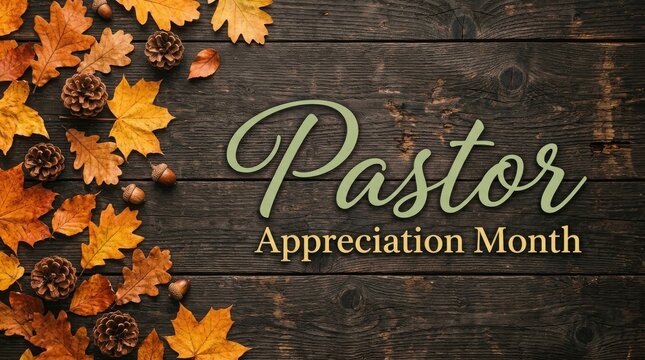 Pastor appreciation month greeting card with autumn leaves and pinecones on rustic wooden background