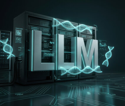 Large language model concept with glowing DNA strands and server racks in futuristic data center