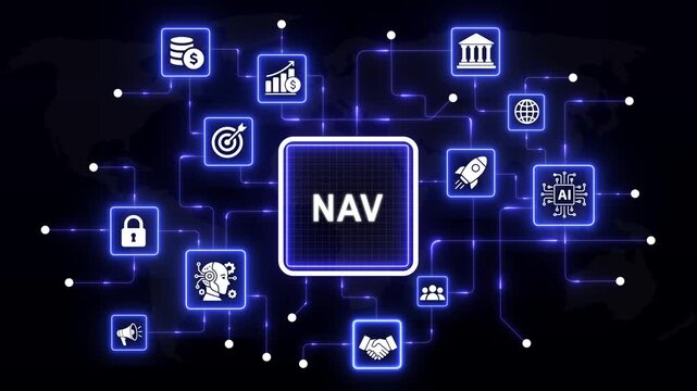Digital nav net asset value concept featuring glowing neon and interconnected financial network nodes for corporate investment strategy, fintech data analysis, and modern business growth visualization