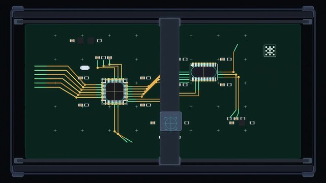 Pixel art circuit board scanning animation with microprocessor chips and data traces