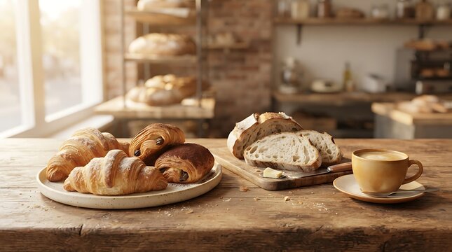 Delicious breakfast with croissants and bread on a wooden table in a bakery