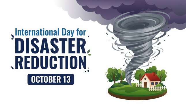 International day for disaster reduction poster with tornado approaching a house isolated on white background