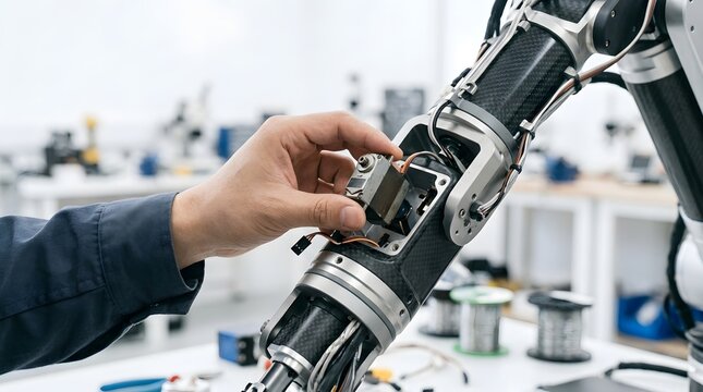 Close-up of a professional technician's hand carefully removing or installing a precision servo motor into a high-tech carbon fiber robotic arm during maintenance in a modern laboratory.