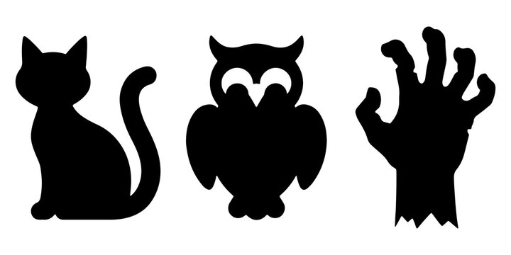 Set of mysterious creature icons in black silhouette featuring sitting cat wise owl and zombie hand bird of prey undead hand owl icon halloween symbols horror icons mystic creatures creature
