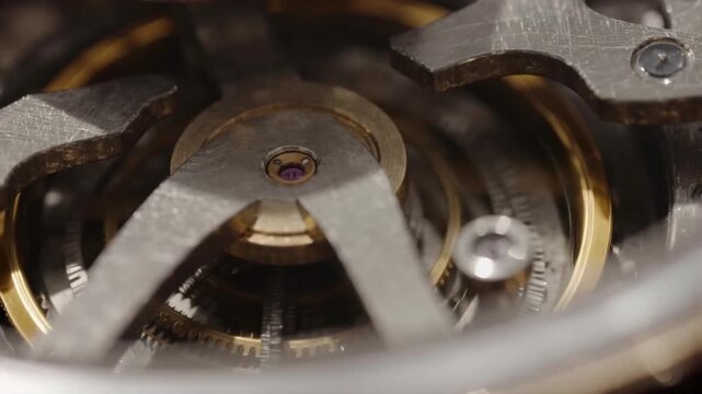 Pr&auml;zisionsmechanik einer Luxusuhr auf Walnussholz