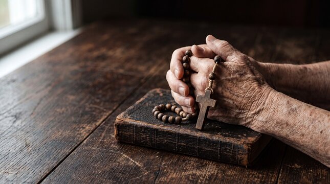 A Moment of Devotion: Close-up of weathered hands clasped around a rosary, resting on an old, worn Bible, evoking a profound sense of faith and prayer.