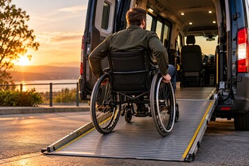 Obraz premium Accessible travel van loading wheelchair user via ramp at sunset
