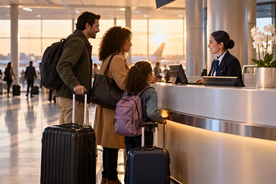Travelers checking in at airport service desk with luggage and assistance